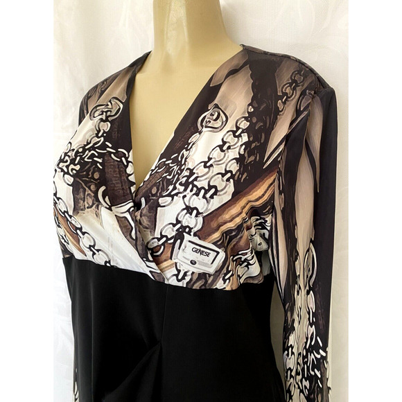 Genese Dress Sheath Black Chain Print Long Sleeve Surplice V Neck Knee 4… - Picture 4 of 7